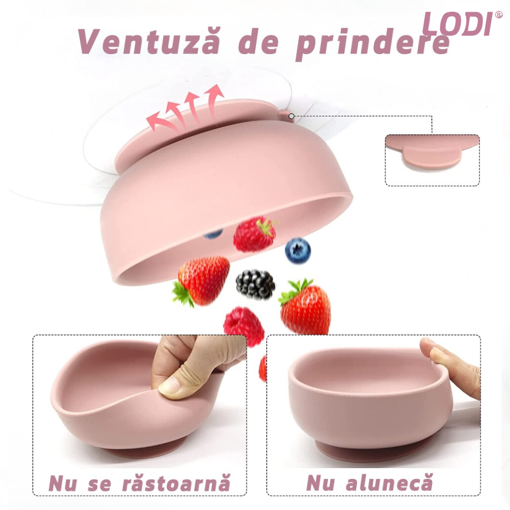 Set Hranire Bebeulsi Lodi249, 5 piese, termorezistente, silicon, fara BPA, pliabile, usor de curatat, roz blush