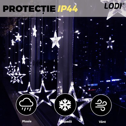 Instalatie de Craciun Tip Perdea Lodi1447, 3x3 m, model stelute, 8 jocuri de lumini, alimentare la priza, fir transparent, interior/exterior, rezistenta la apa, 12 figurine, alb rece