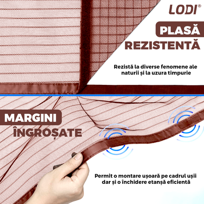 Plasa pentru Usa cu Inchidere Magnetica Lodi1200, anti-insecte, tanrari, muste, paianjeni, montare velcro, materiale calitative, rezistenta, 185x104 cm, maro