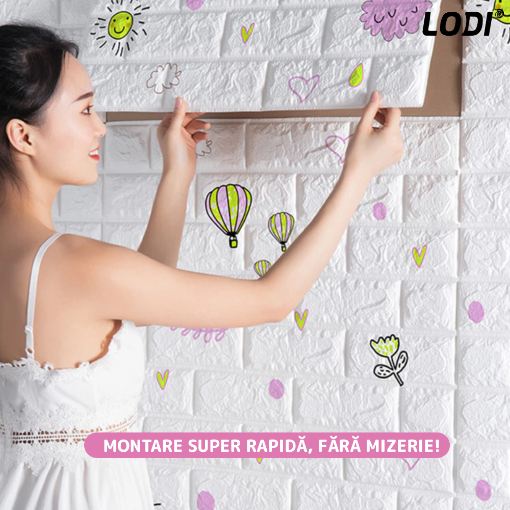 Set Tapet Caramida 3D Lodi76, model Nori si Baloane, suprafata acoperire 5.3 mp, autoadeziv, waterproof, usor de montat, design modern, 70x77 cm, alb