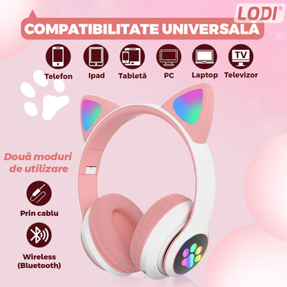 Casti Wireless Model Pisica Lodi945, STN-28, overear, urechi de pisica cu iluminare RGB, bluetooth 5.0, handsfree, HiFi, bass stereo, roz