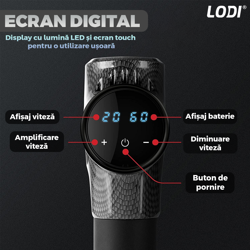 Aparat Profesional pentru Masaj tip Pistol Lodi675, 30 viteze, motor silentios fara perii, 3200 percutii, sistem racire, 2500mAh, 6 capete, incarcare rapida, geanta pentru depozitare, negru