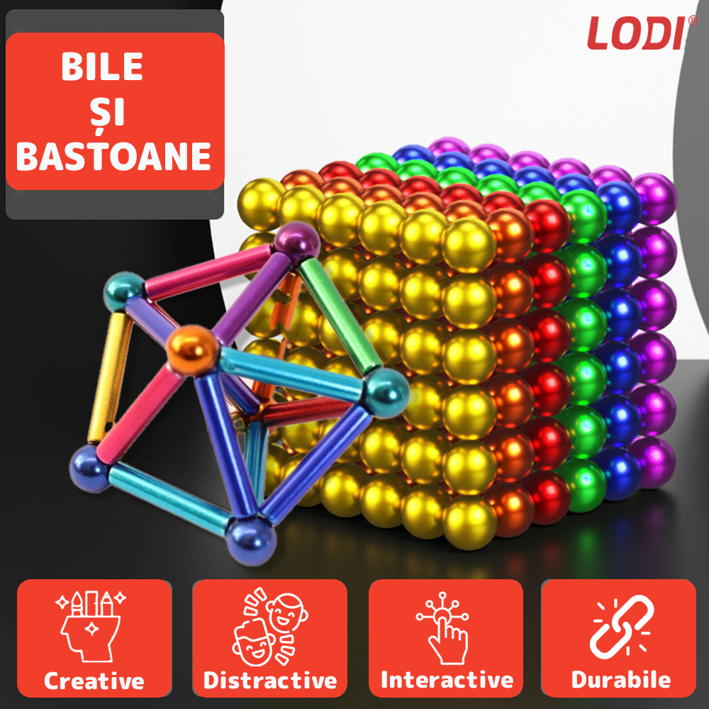 Set de Constructii Magnetic Lodi459, joc indemanare, antistres, cutie de depozitare argintie, modele 3D, multicolor