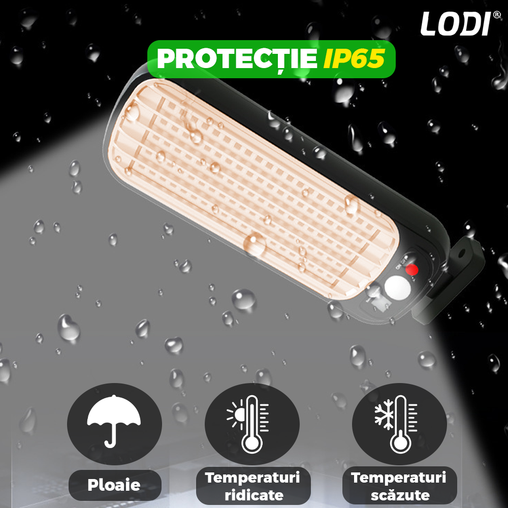 Lampa Solara Stradala 50 LED-uri Lodi884, control prin telecomanda, senzor de miscare, 3 moduri de iluminare, protectie IP65, Waterproof, exterior, negru
