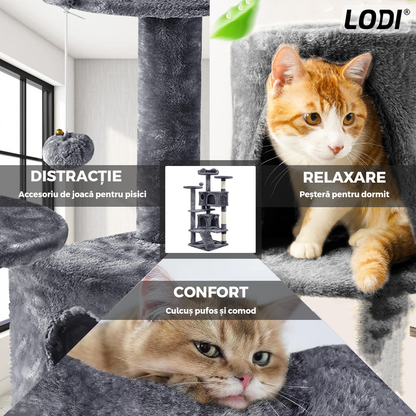 Ansamblu de Joaca pentru Pisici Lodi629, tip turn, 3 platforme de observatie, 6 niveluri, 2 casute, scara, franghie si mingiuta de joaca, stalpi pentru zgariat, captuseala extra moale, structura stabila, 138.5 cm, gri inchis