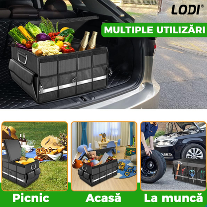 Organizator Auto Portbagaj Lodi292, 8 compartimente, pliabil, impermeabil, portabil, manere aluminiu, multifunctional, universal, capac inclus, negru
