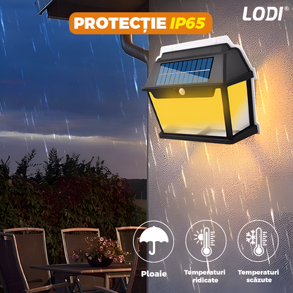 Lampa Solara de Perete LED Tip Felinar Triplu Lodi1274, senzor de miscare 5-8 metri, fara fir, 3 moduri de iluminare, protectie IP65, Waterproof, exterior, negru