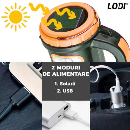 Lanterna Solara de Camping Lodi269, 2 moduri de alimentare, 5 moduri de iluminare, portabila, pentru drumetii, port USB, reincarcabila, portocaliu