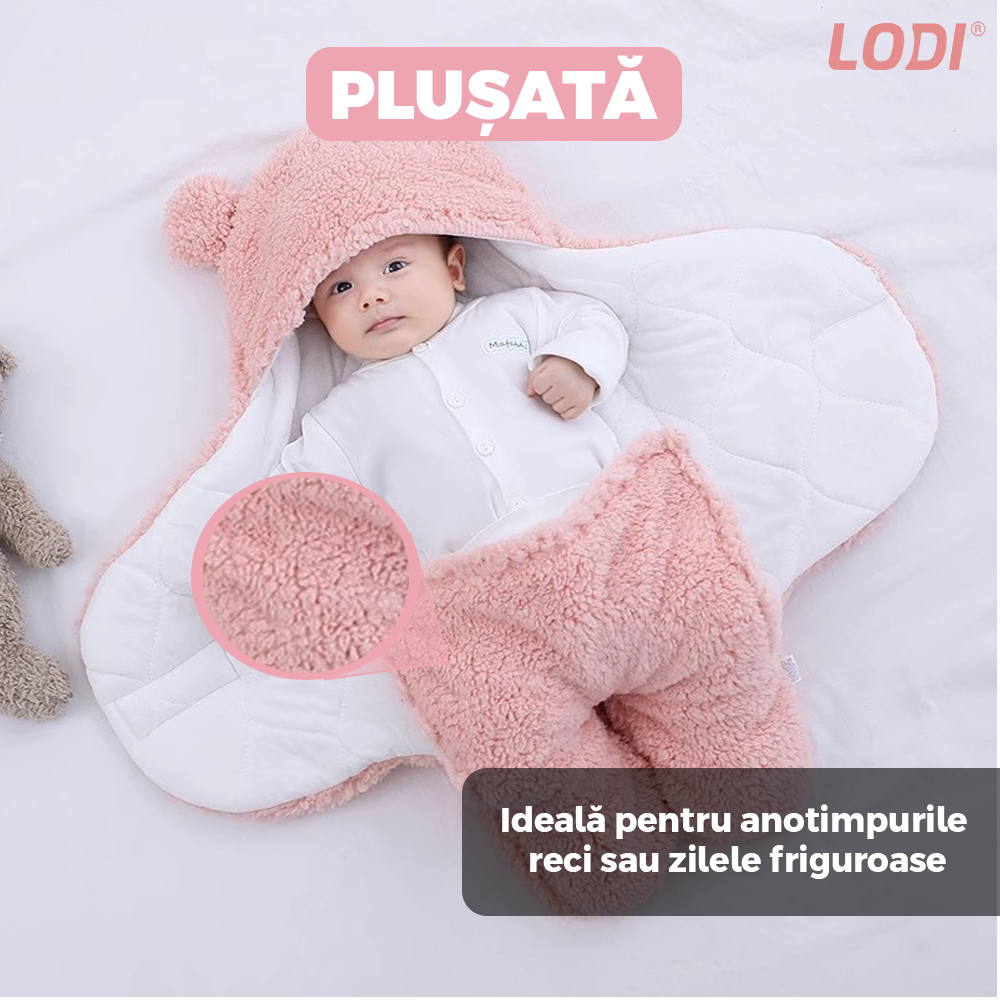 Paturica Pufoasa pentru Bebe Lodi496, calduroasa, in forma de ursulet pentru infasat bebelusi, prindere velcro, 0-6 luni, roz