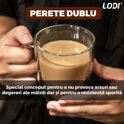 Set 6 Cani de Sticla cu Perete Dublu Lodi421, model rotund, design modern, termorezistente, capacitate 350 ml, 12 x 9 cm