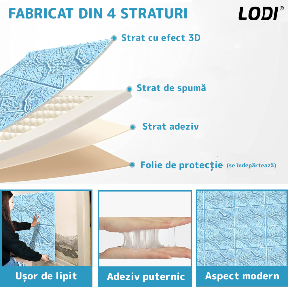 Set 10x Tapet 3D Lodi794, suprafata acoperire 4.9 mp, autoadeziv, Model Floral Diamant, perete/tavan, waterproof, usor de montat, design modern, 70x70 cm, albastru