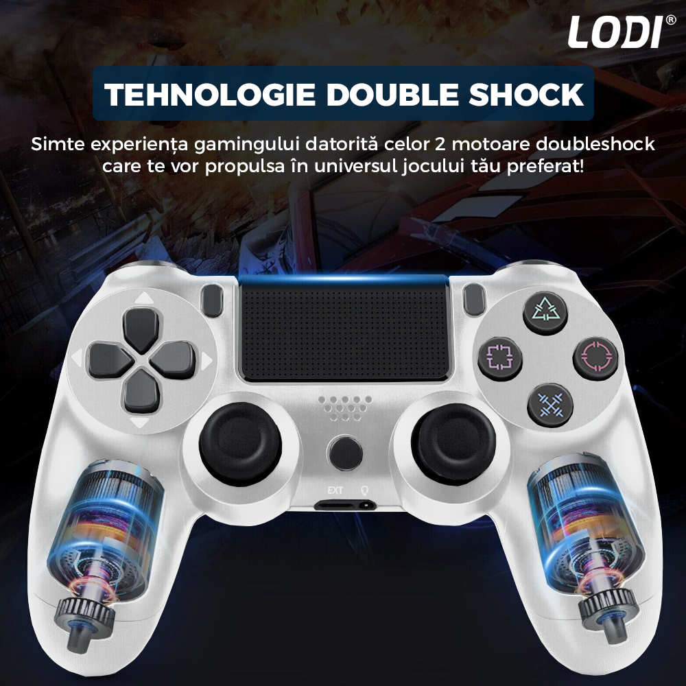 Controller Wireless DoubleShock Lodi1193, compatibil cu PS4, joystick-uri analog, vibratie dubla, baterie performanta, alb