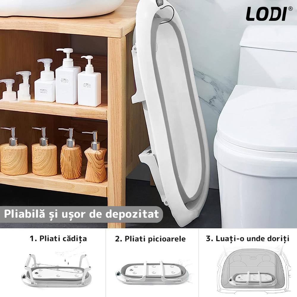 Cadita cu Pernuta pentru Bebelusi Lodi1313, casca de protectie inclusa, termometru digital incorporat, pliabila, dop de scurgere, picioare anti-alunecare, design ergonomic, 75 x 45 x 22 cm, gri cu stelute