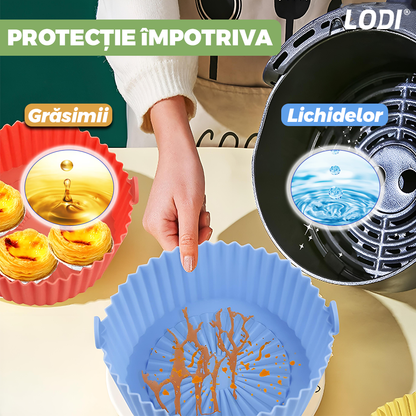 Set 4 Tavi de Copt Rotunde din Silicon Lodi988, pentru friteuza/cuptor/microunde, reutilizabile, antiaderente, rezistente la temperaturi inalte, 21 x 17 cm, multicolor