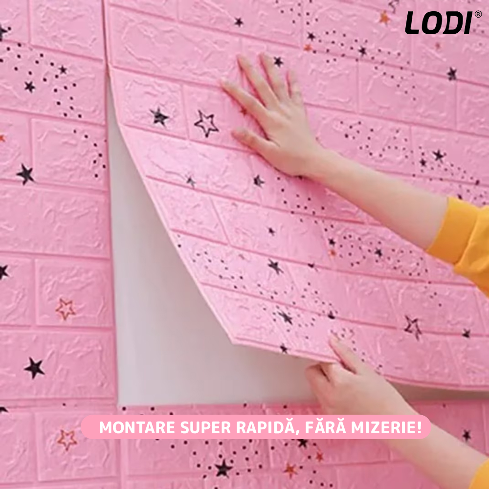 Set Tapet Caramida 3D Lodi70, model Stelute, suprafata acoperire 5.3 mp, autoadeziv, waterproof, usor de montat, design modern, 70x77 cm, roz