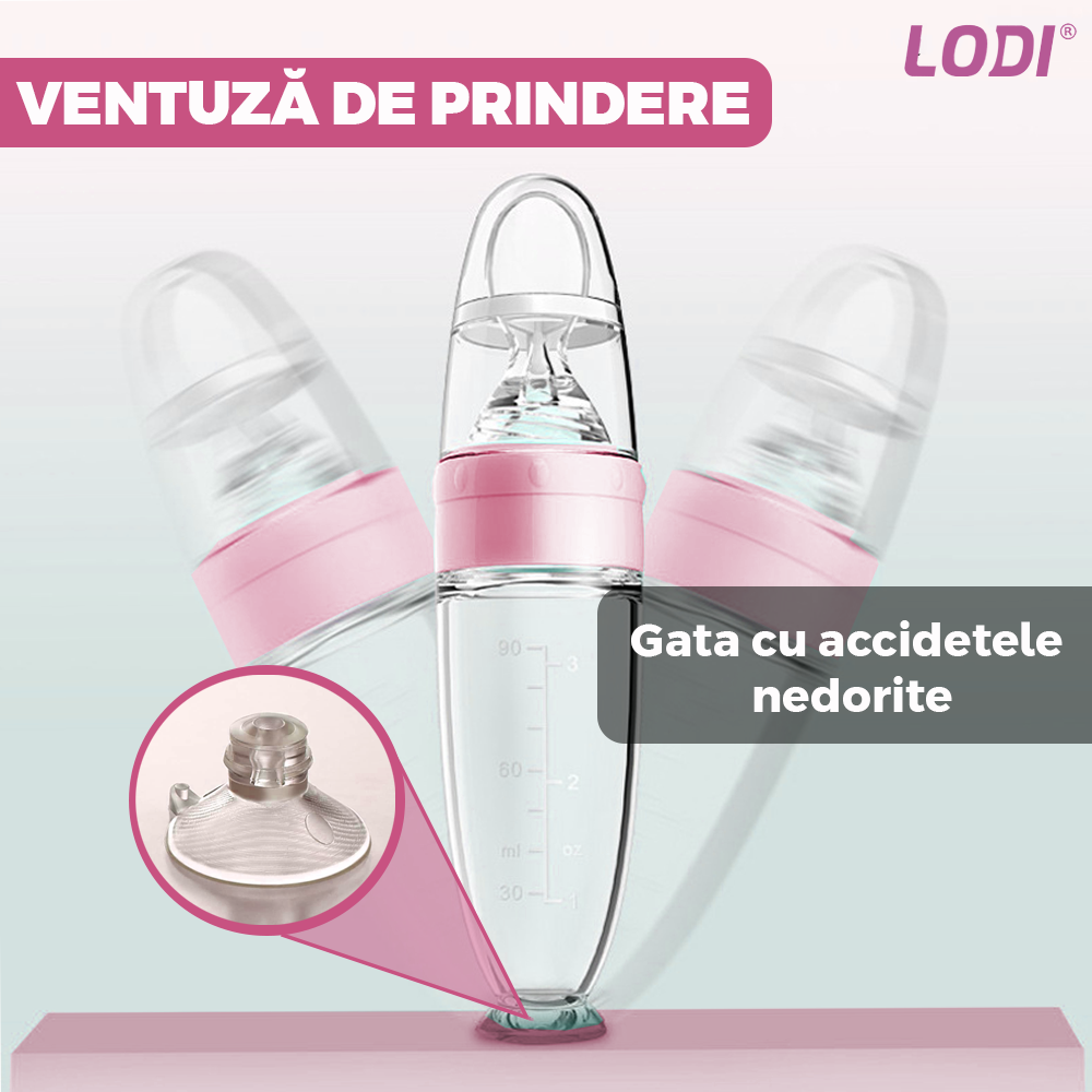 Lingurita de Silicon cu Rezervor Lodi544, polipropilena, fara BPA, termorezistenta, portabila, recipient gradat, 20.3 cm, roz