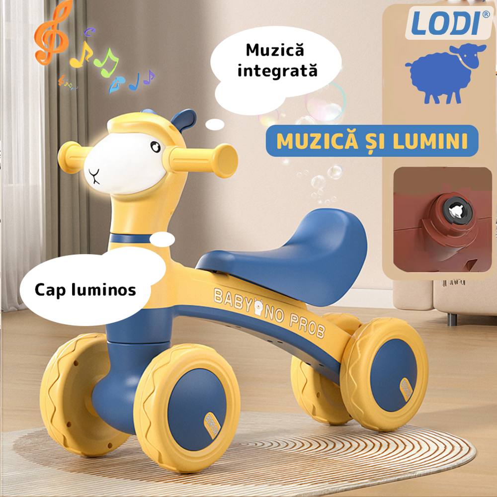 Bicicleta cu 4 Roti fara Pedale Oita Lodi1104, structura stabila, cap luminos, functie cu muzica, lansator de baloane incorporat,  80 x 58 x 51 cm, 1-3 ani, albastru/galben