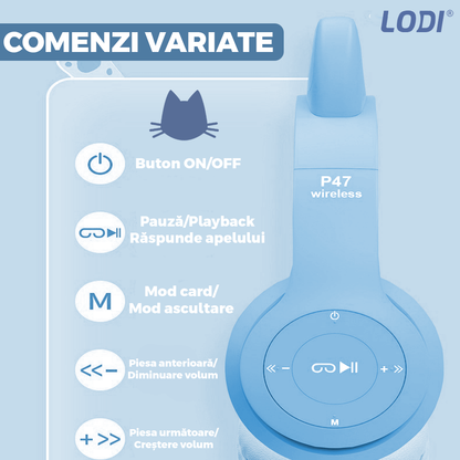 Casti Wireless Model Pisica Lodi955, P47M, overear, urechi de pisica cu iluminare RGB, bluetooth 5.0, handsfree, HiFi, bass stereo, albastru deschis