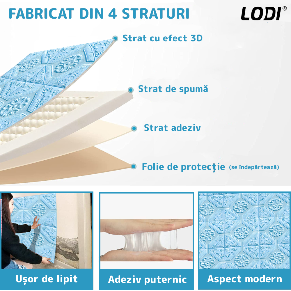 Set 10x Tapet 3D Lodi784, suprafata acoperire 4.9 mp, autoadeziv, Model Floral Carou, perete/tavan, waterproof, usor de montat, design modern, 70x70 cm, albastru