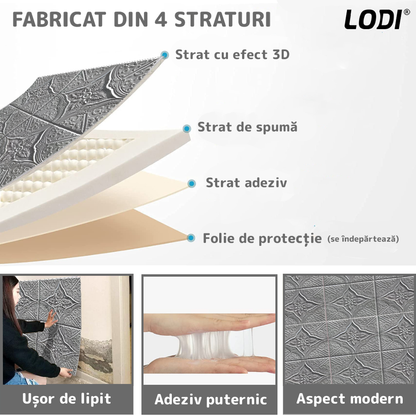 Set 10x Tapet 3D Lodi805, suprafata acoperire 4.9 mp, autoadeziv, Model Floral Diamant, perete/tavan, waterproof, usor de montat, design modern, 70x70 cm, gri