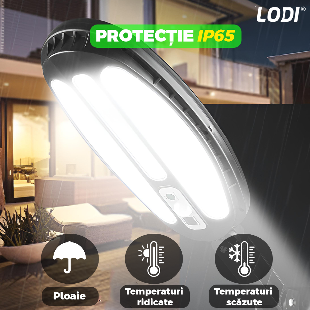 Lampa Solara Stradala 3 LED-uri Lodi885, rotunda, control prin telecomanda, senzor de miscare, 3 moduri de iluminare, protectie IP65, Waterproof, exterior, negru