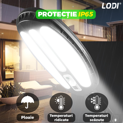 Lampa Solara Stradala 3 LED-uri Lodi885, rotunda, control prin telecomanda, senzor de miscare, 3 moduri de iluminare, protectie IP65, Waterproof, exterior, negru