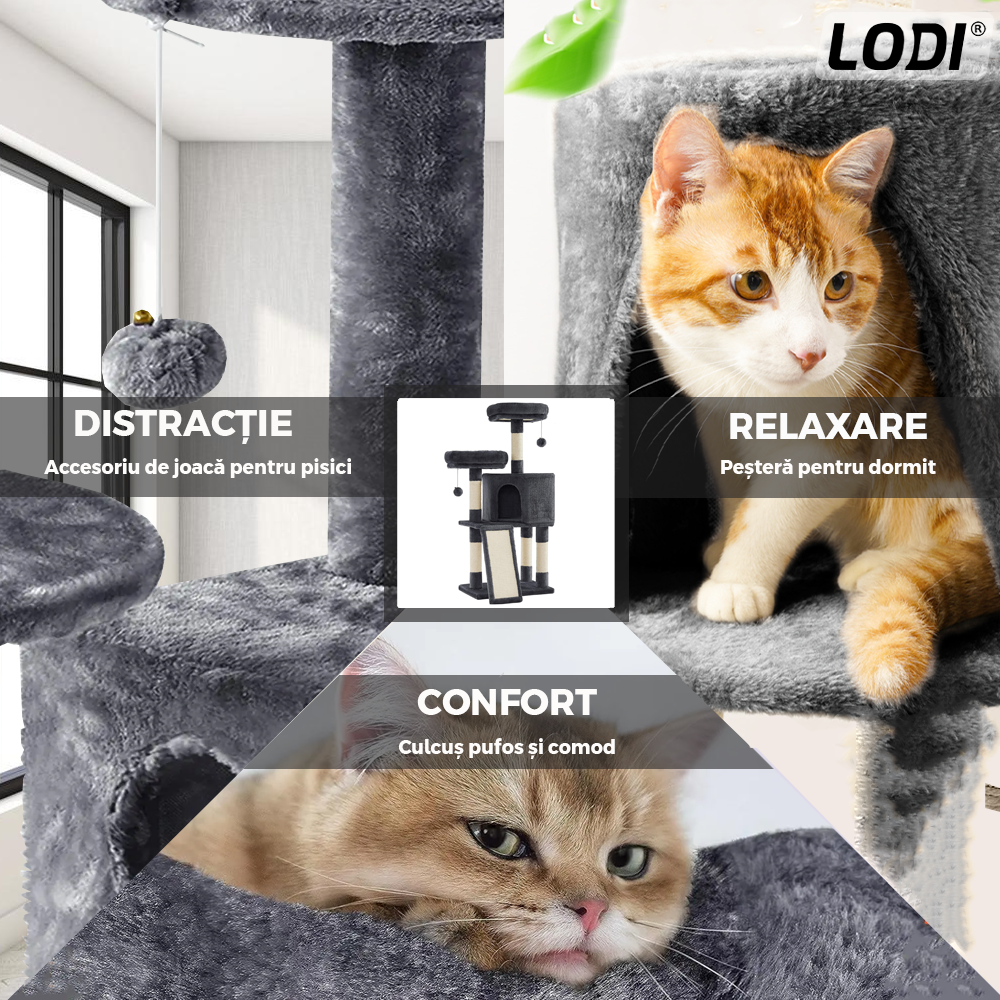 Ansamblu de Joaca pentru Pisici Lodi630, tip turn, 2 platforme de observatie, 3 niveluri, 1 casuta, scara, franghie si mingiute de joaca, stalpi pentru zgariat, captuseala extra moale, structura stabila, 115 cm, gri inchis