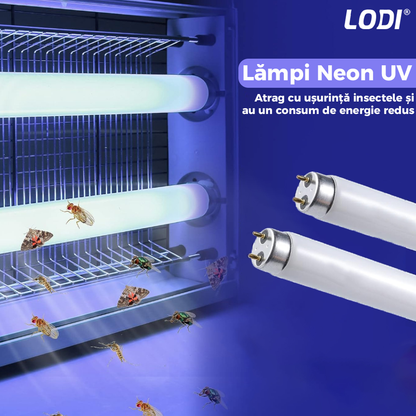Aparat Electric Anti-Insecte Lodi223, 6W, Insectocutor cu 2x tuburi ultraviolete, raza de actiune 200 m², unghi de propagare 360º, design modern, alb