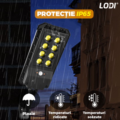 Lampa Solara Stradala 8 LED-uri Lodi865, tip bec, control prin telecomanda, senzor de miscare, 3 moduri de iluminare, protectie IP65, Waterproof, exterior, negru