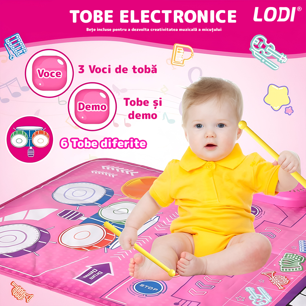 Covoras Muzical Interactiv pentru Copii Lodi1270, pian cu 8 clape, tobe, 5 instrumente muzicale incluse, acordeon, xilofon, chitara, vioara, trompeta, educational, usor de curatat, pliabil, roz
