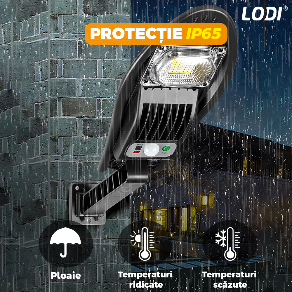 Lampa Solara Stradala 42 LED-uri Lodi867, rotunda, control prin telecomanda, senzor de miscare, 3 moduri de iluminare, protectie IP65, Waterproof, exterior, negru