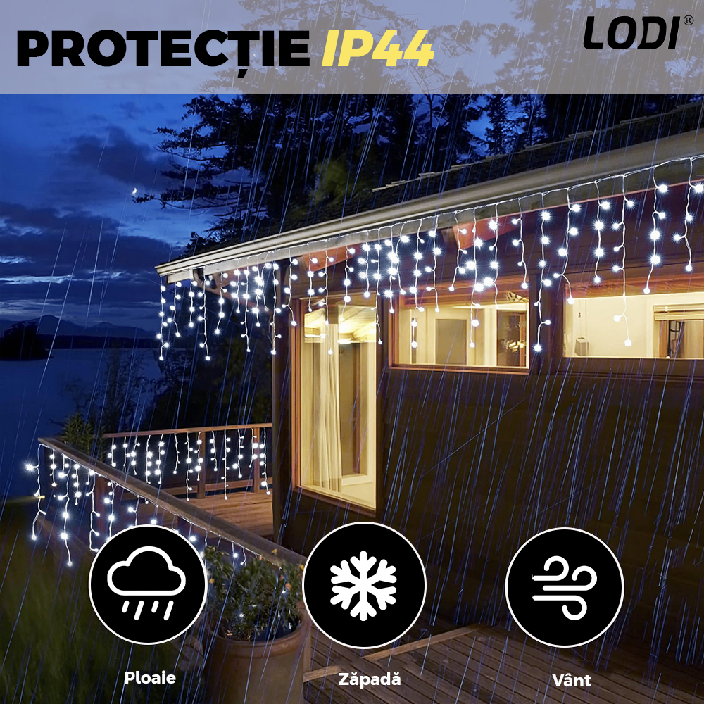 Instalatie de Craciun Perdea Lodi1440, 3x3 m, 8 jocuri de lumini, alimentare la priza, fir alb, interior/exterior, rezistenta la apa, 300 LED-uri, alb rece