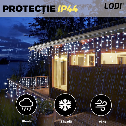 Instalatie de Craciun Perdea Lodi1440, 3x3 m, 8 jocuri de lumini, alimentare la priza, fir alb, interior/exterior, rezistenta la apa, 300 LED-uri, alb rece