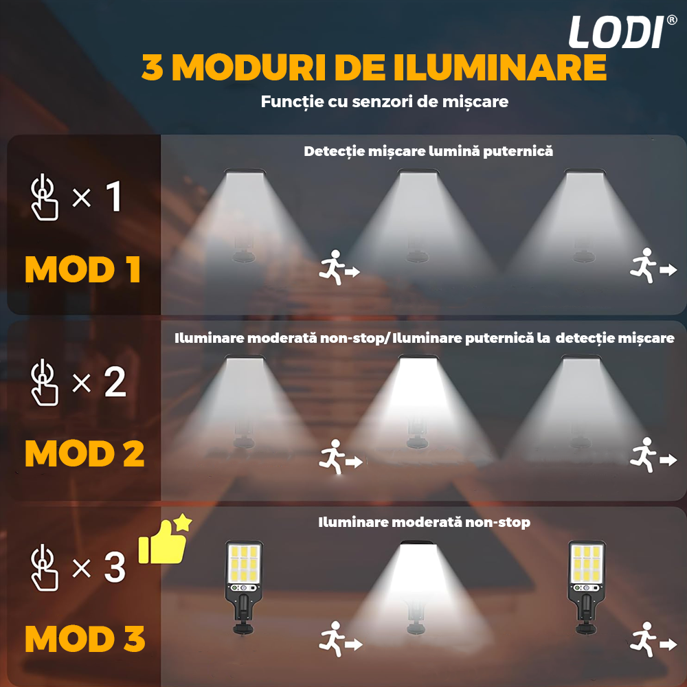 Lampa Solara Stradala 108 LED-uri Lodi863, control prin telecomanda, senzor de miscare, 3 moduri de iluminare, protectie IP65, Waterproof, exterior, negru