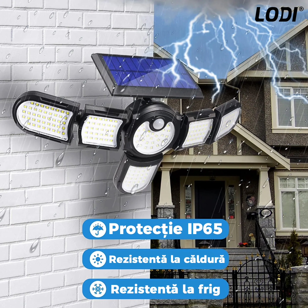 Lampa Solara 200 LED-uri Lodi266, 6 Capete, senzor de miscare, 3 moduri de iluminare, protectie IP65, Waterproof, exterior, negru
