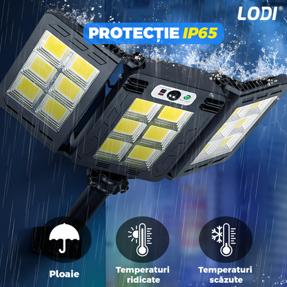 Lampa Solara Stradala 18 LED-uri Lodi875, 3 capete, control prin telecomanda, senzor de miscare, 3 moduri de iluminare, protectie IP65, Waterproof, exterior, negru