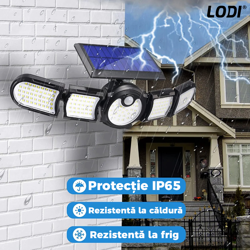 Lampa Solara 172 LED-uri Lodi265, 5 Capete, senzor de miscare, 3 moduri de iluminare, protectie IP65, Waterproof, exterior, negru