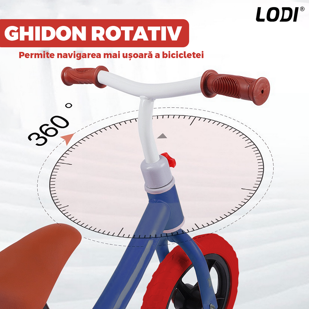Bicicleta fara Pedale Lodi1117, inaltime reglabila, manere anti-alunecare, sa confortabila waterproof, roti de 12 inch, cauciuc rezistent, 2-5 ani, albastru/rosu