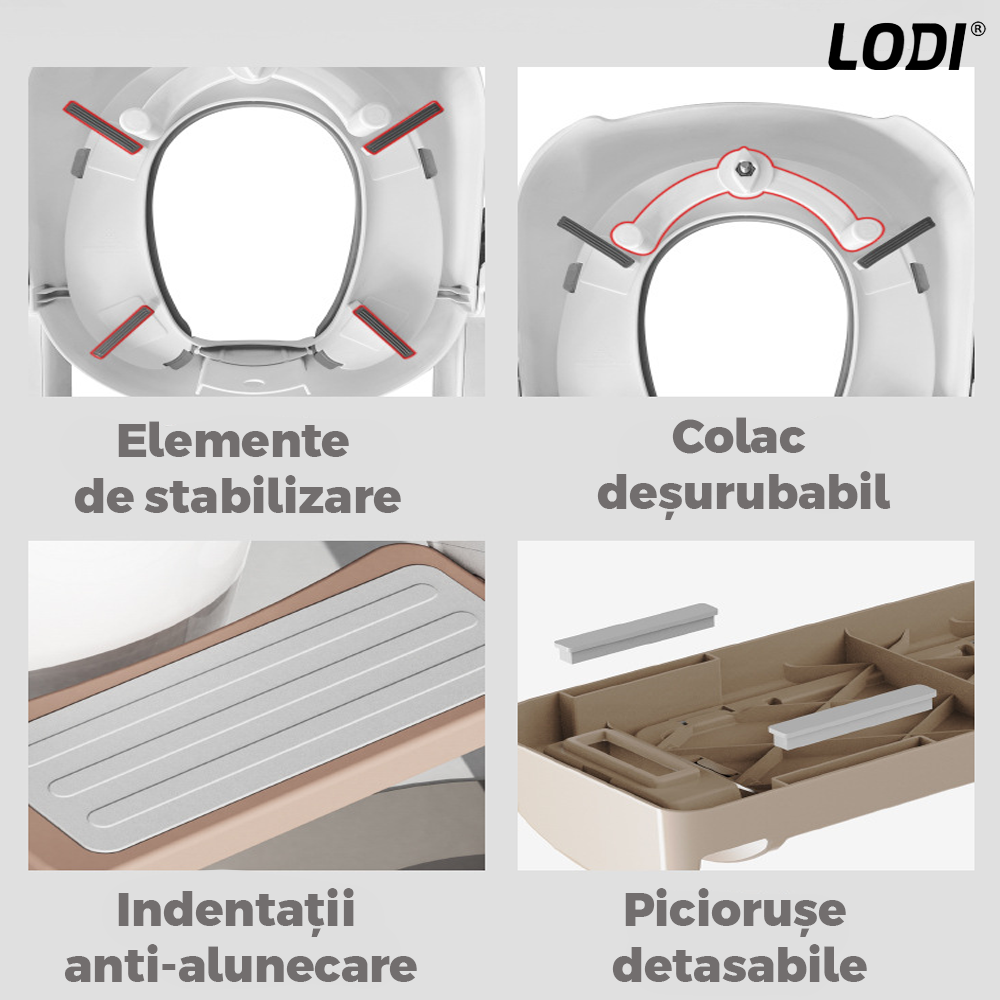 Reductor WC cu Scara Lodi647, antiderapant, pentru copii cu varsta pana la 7 ani, protectie impotriva stropilor, 2 trepte, reglabil pe inaltime, manere de sustinere, alb/rose gold