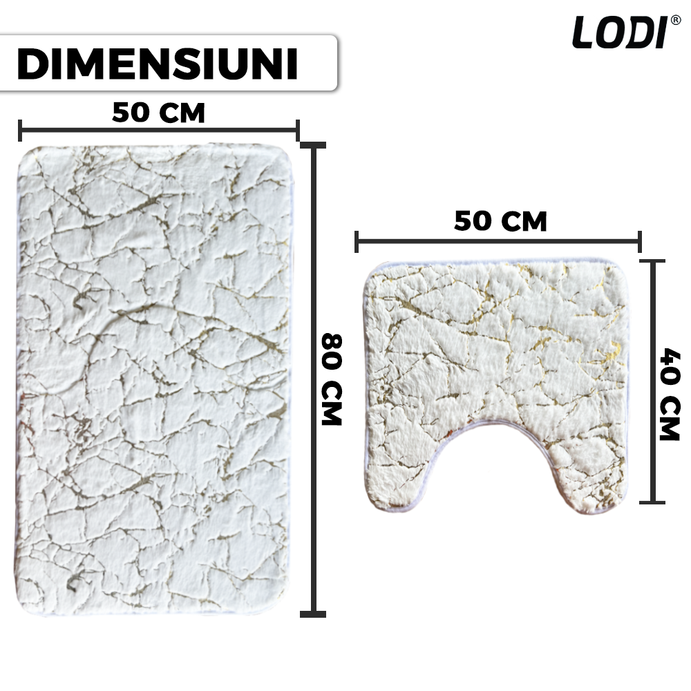 Set 2 Covorase de Baie Lodi447, anti-derapante, material moale, design modern, finisaj auriu, Model 17, 80x50 & 50x40cm, alb murdar
