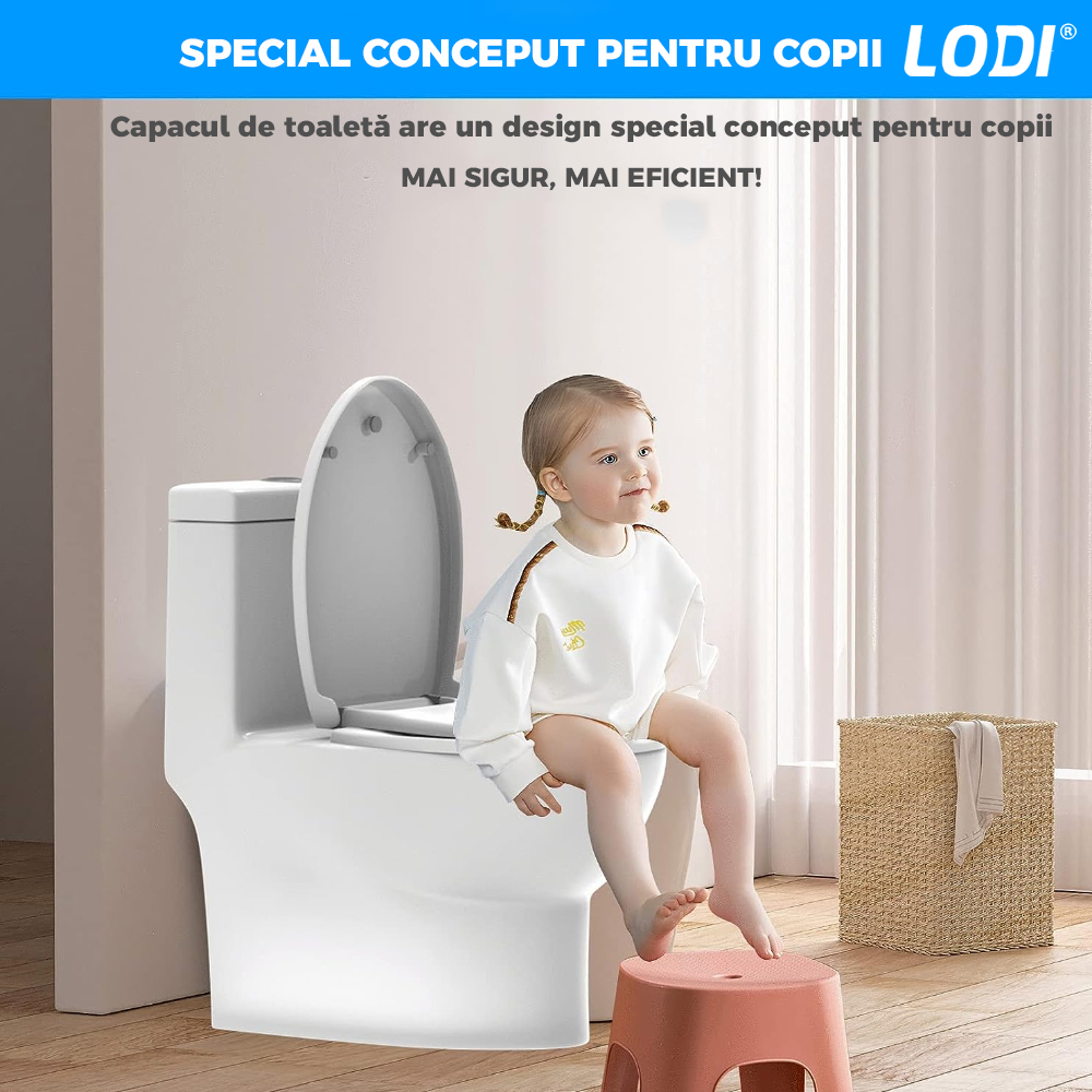 Capac WC cu Reductie 2 in 1 Lodi124, inchidere lenta duala, reductor cu prindere magnetica, adulti si copii, plastic durabil, alb