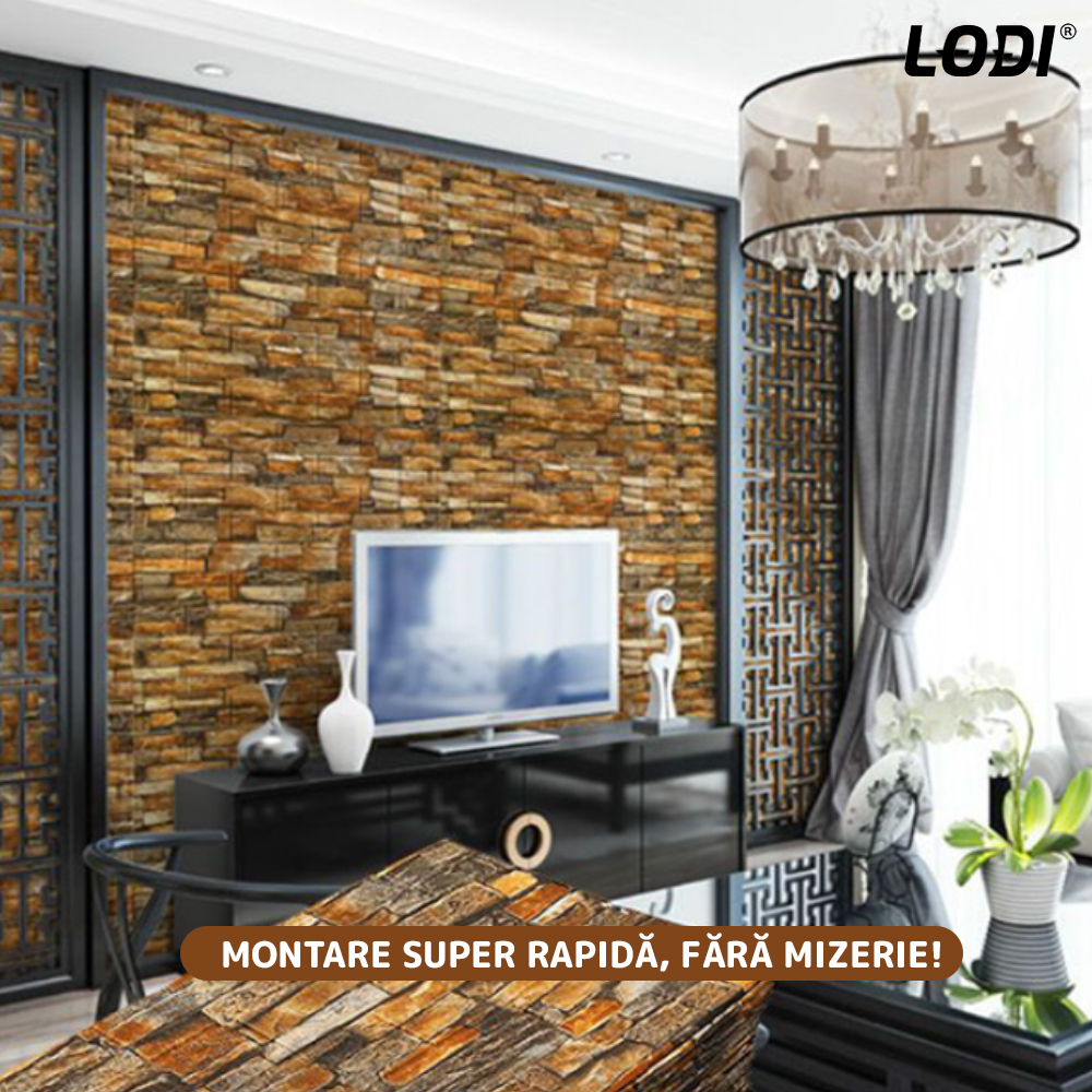 Set Tapet Caramida 3D Lodi84, Model Piatra Naturala, suprafata acoperire 5.3 mp, autoadeziv, waterproof, usor de montat, design modern, 70x77 cm, maro