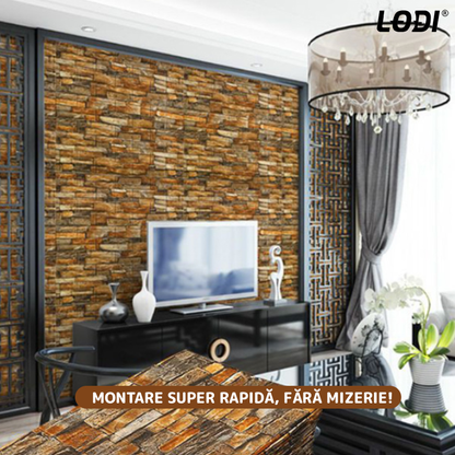 Set Tapet Caramida 3D Lodi84, Model Piatra Naturala, suprafata acoperire 5.3 mp, autoadeziv, waterproof, usor de montat, design modern, 70x77 cm, maro
