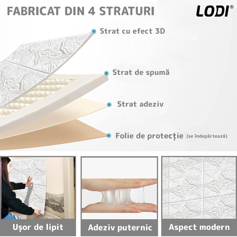 Set 10x Tapet 3D Lodi810, suprafata acoperire 4.9 mp, autoadeziv, Model Floral Diamant, perete/tavan, waterproof, usor de montat, design modern, 70x70 cm, alb