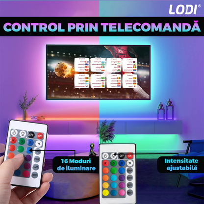 Kit Banda LED RGB Lodi414, inteligenta cu intensitate de lumina si culori reglabile, control prin telecomanda cu 24 taste, 5050RGB, utilizare exterior IP65, 10 m, multicolora