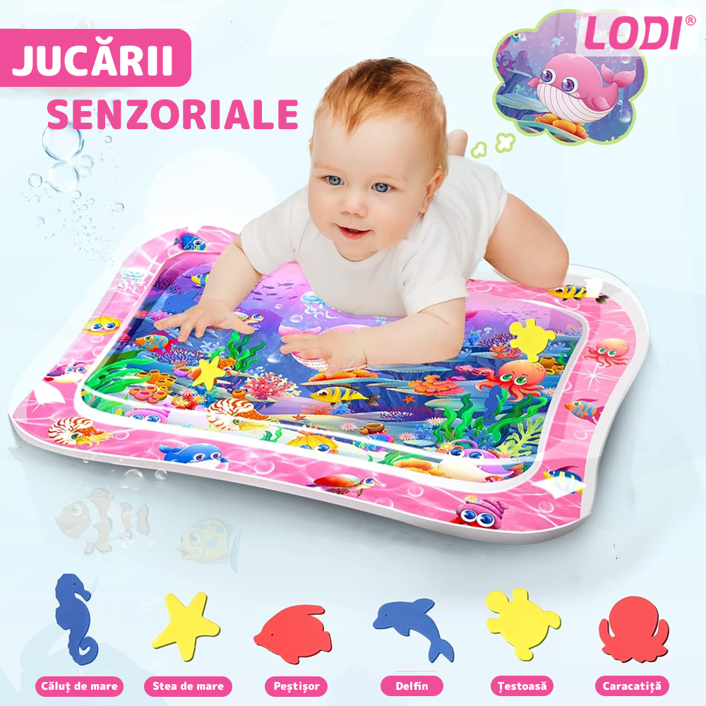 Saltea cu Apa pentru Bebelusi Lodi1207, centru de activitati si joaca, gonflabila, umpluta cu lichid, jucarii senzoriale tip animale marine, design distractiv, roz