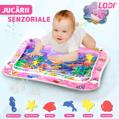 Saltea cu Apa pentru Bebelusi Lodi1207, centru de activitati si joaca, gonflabila, umpluta cu lichid, jucarii senzoriale tip animale marine, design distractiv, roz