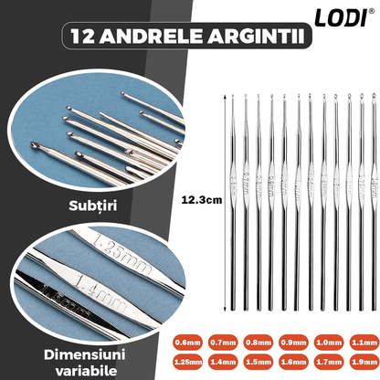 Set Profesional de Crosetat Lodi663, 100 de piese, 12 andrele subtiri argintii, 10 andrele groase multicolore, foarfeca, rigla si accesorii pentru tricotat, husa de depozitare, negru