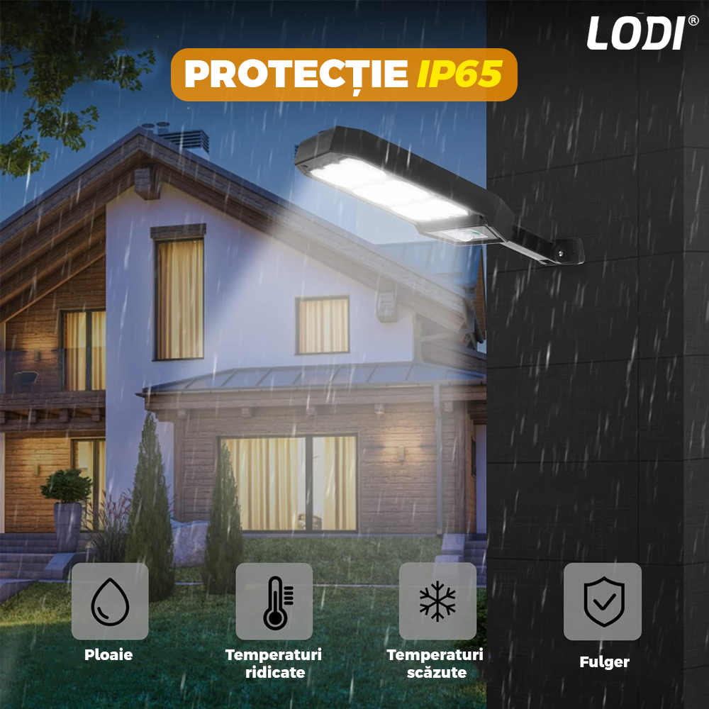 Lampa Solara Stradala 189 LED-uri Lodi860, senzor de miscare, 3 moduri de iluminare, protectie IP65, Waterproof, exterior, negru