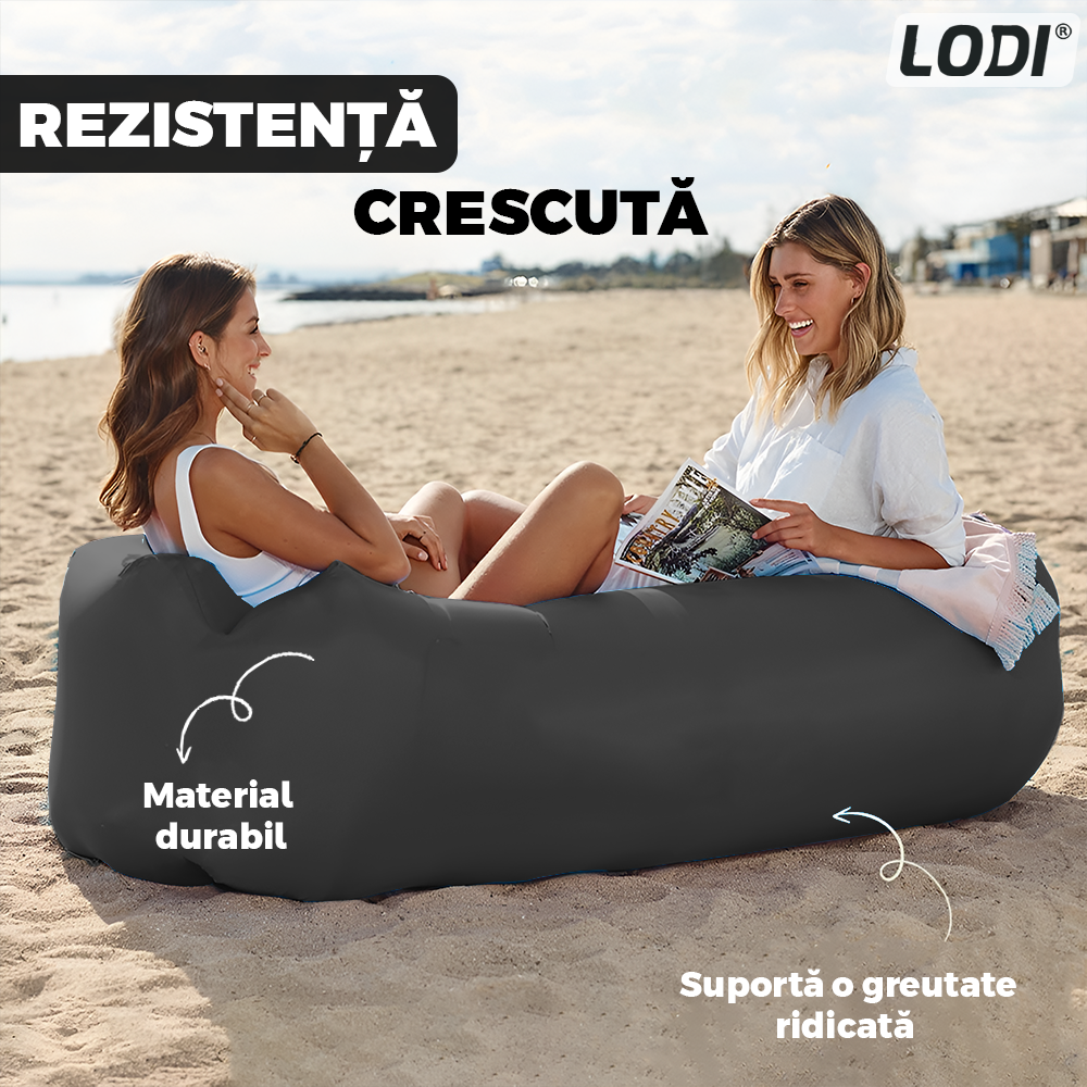 Saltea Gonflabila Tip Sezlong Lazybag Lodi1235, material rezistent, umflare fara pompa, pentru plaja/picnic/camping, rucsac de depozitare, 190 x 70 cm, negru